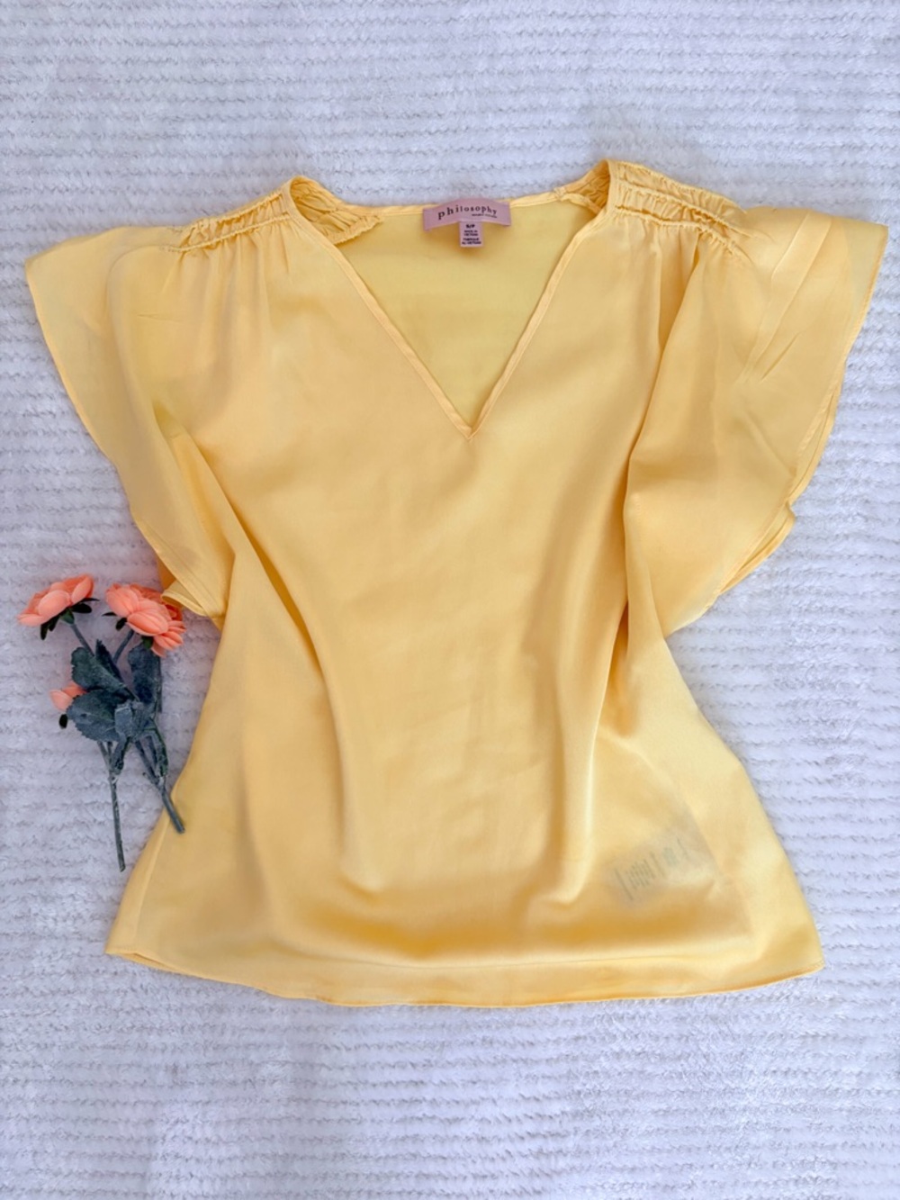 Philosophy Yellow Silky Blouse V-Neck Lightweight Top Small Flowy Sleeves